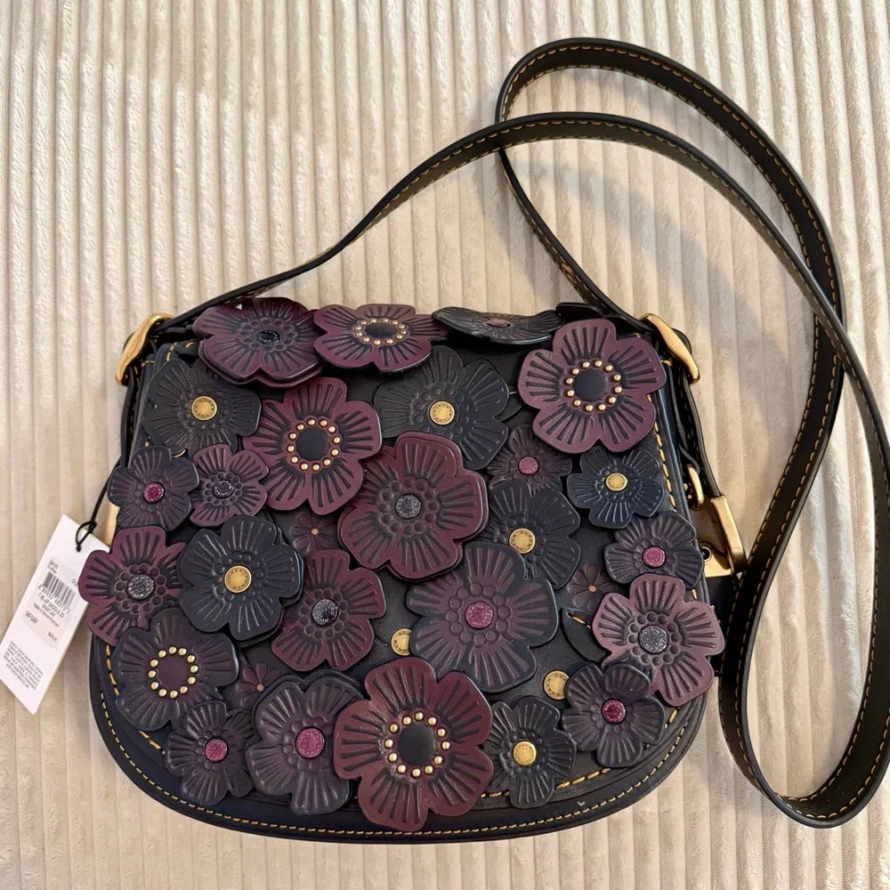 NWT Coach Floral Embellished Shoulder Bag - Black and Purple - Picture 1 of 15
